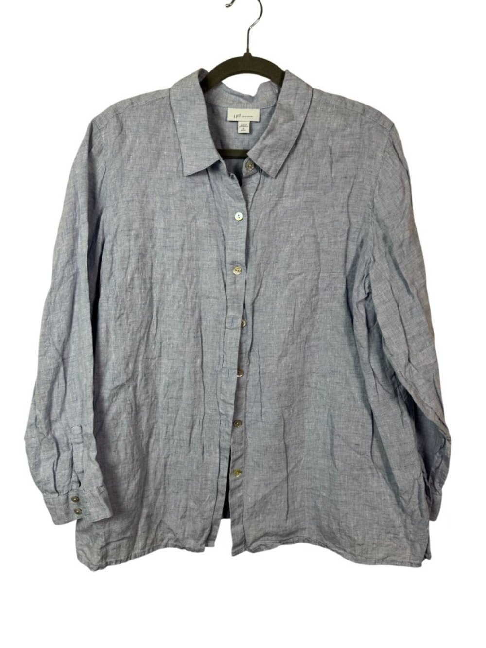 J. Jill Love Linen Blue Button Up Shirt Top XL Petite 100% Linen Long Sleeve
